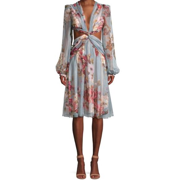 PatBo Peony Print Cutout Midi Crepe Long Sleeve Blue Pink Dress US Size 12 - Picture 7 of 16